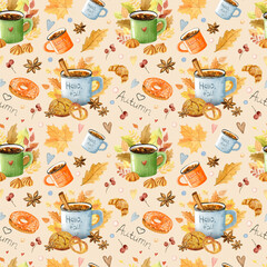 Watercolor cozy autumn pattern with hot tea and tasty desserts. Cookies, cup of coffee, cinnamon, autumn leaves on creamy background