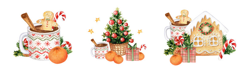 Watercolor Christmas illustrations in cartoon style. Cute snowman. gingerbread a nd Christmas tree for sweet holidays vibe
