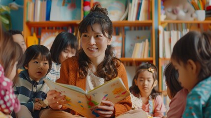 A teacher captivates young learners with an enchanting story in a colorful classroom filled with eager faces