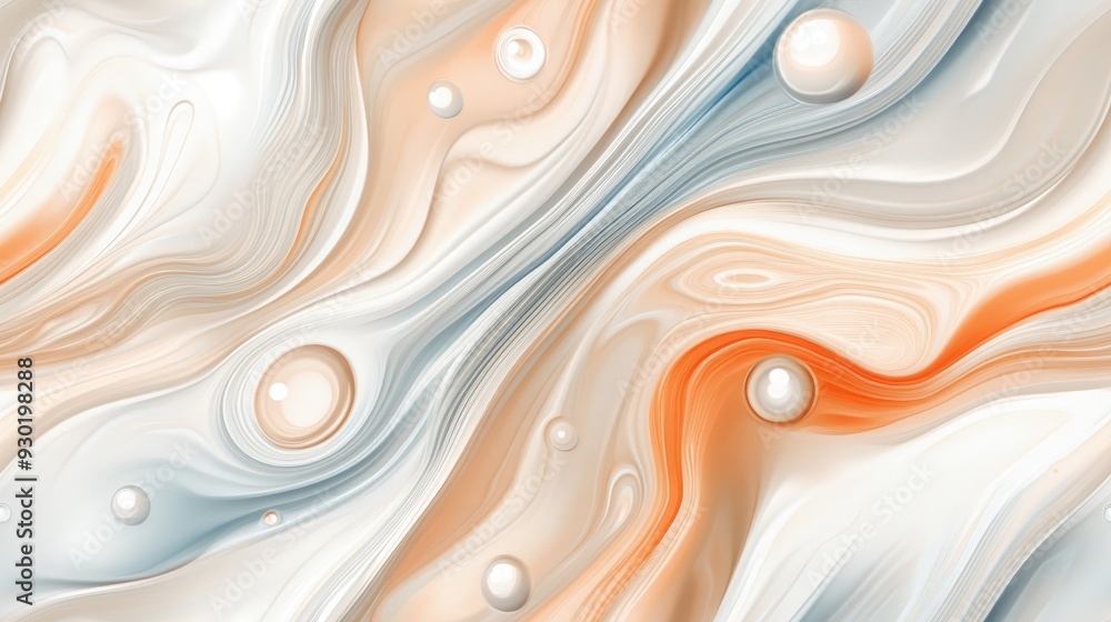Poster dynamic swirls of paint blend colors and bubbles, forming patterns reminiscent of waves and landscap