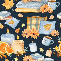 Watercolor cozy autumn pattern. Warm plaid and pillows, candles light, cup of tea and autumn leaves