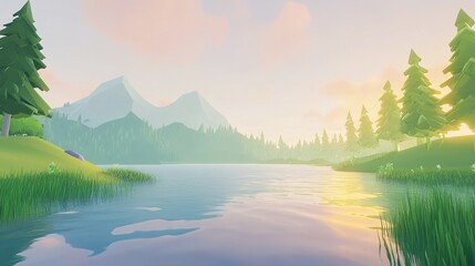 Calm lake at sunset surrounded by hills and evergreen trees