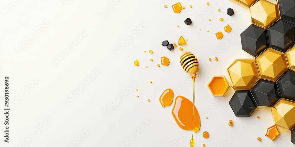 Poster elegant 3d flat lay of low poly gold and black honeycomb and droplet of honey with empty space for t