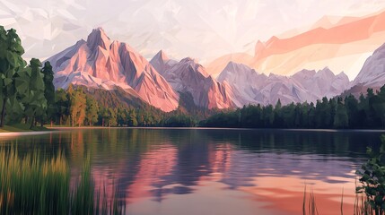 Fototapeta premium Serene sunset over mountain lake surrounded by lush trees and rocky peaks