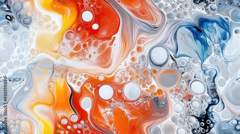Poster dynamic swirls of paint blend colors and bubbles, forming patterns reminiscent of waves and landscap