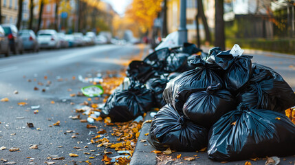 Close view of black trash bags piled up on the roadside