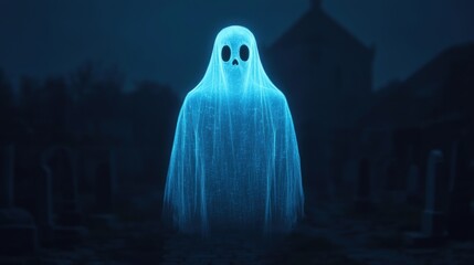 A holographic ghost projected by a robot, floating above a cemetery, Halloween evening, blend of tech and the supernatural.