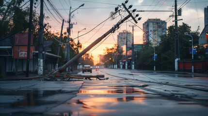 Power outages due to natural disasters. An electricity pole collapsed after being hit by a typhoon.