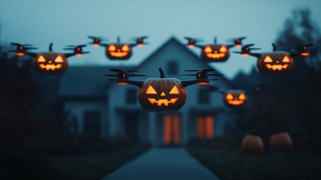 Pumpkin-shaped drone robots flying in formation, delivering candy to children in a futuristic neighborhood, Halloween evening.