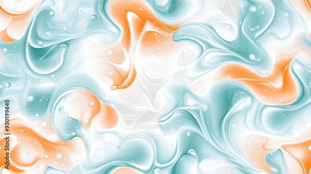 Poster dynamic swirls of paint blend colors and bubbles, forming patterns reminiscent of waves and landscap