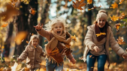 A cheerful girl joyfully throws vibrant autumn leaves while running through a sunlit forest with family members