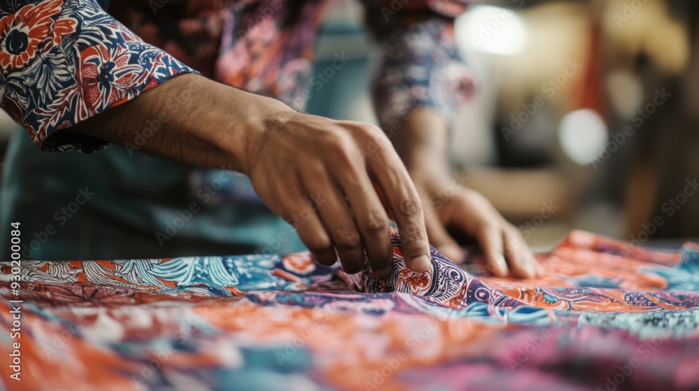 Poster an artisan carefully arranges colorful fabric patterns on a table in a workshop, showcasing intricat