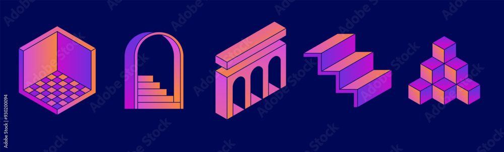 Poster vector retro futuristic neo grunge elements for print and graphic designs, abstract shapes y2k, figu