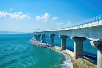 Fototapeta premium A serene drive across a stunning coastal bridge at twilight, reflecting soft hues on calm waters and showcasing serene natural beauty