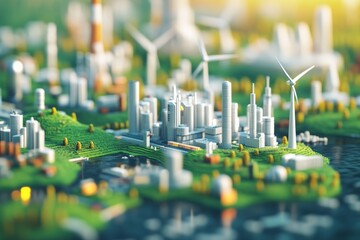 Obraz premium Miniature city model with green rooftops and wind turbines representing the future of sustainable urban planning