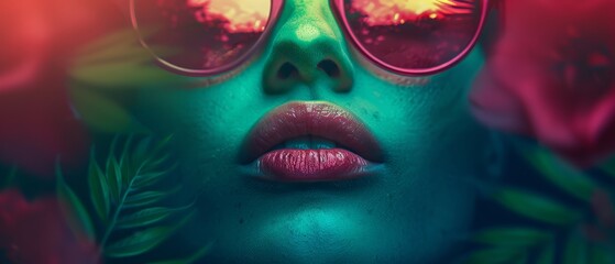  A woman wearing red glasses and a flower in her hair gazes intently with a single blossom placed in her eye