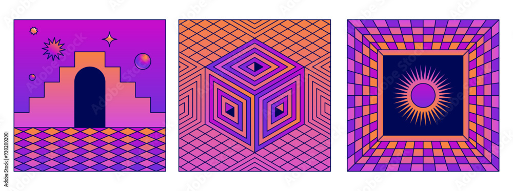 Poster vector retro futuristic neo grunge elements for print and graphic designs, abstract shapes y2k, figu