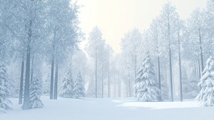 Fototapeta premium Snow-covered forest path in winter with tall trees and fresh snowfall during early morning light