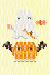 Ikat abstract geometric cute cartoon character design ghost, pumpkin, bat wings, candy, Halloween style perfect element for fabric, cards, background, wallpaper, sweater, knitting, cross stitch 