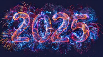 Celebratory fireworks light up the night sky to welcome the year 2025 in a spectacular display of color and joy