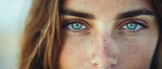 Fototapeta premium A tight shot of a woman's face adorned with freckles, some on her cheeks and others around her eyes