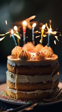 birthday cake with burning candles on wooden table, shallow depth of field