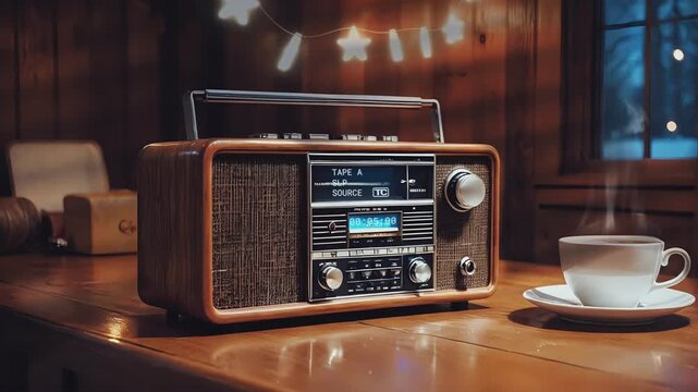 Vintage radio and coffee cup on a wooden table with a wintery window view and warm star lights creating a cozy atmosphere. Retro decor concept.