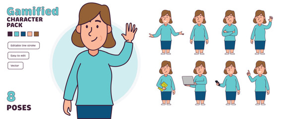 Simple flat gamified female vector character in a set of multiple poses. Easy to edit and isolated on a white background. Modern trendy style character pack with lots of poses.	
