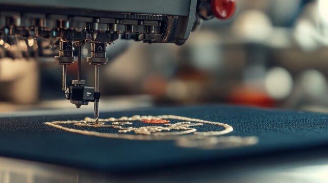 An embroidery machine is intricately stitching a colorful design onto dark fabric in a well-lit workshop.