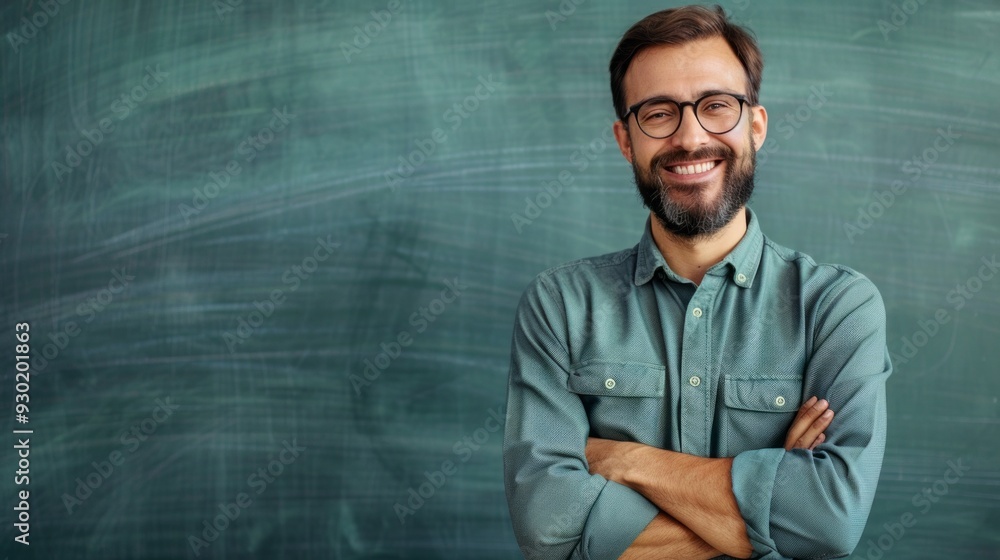 Poster a confident lecturer stands with arms crossed, smiling warmly, in a classroom filled with enthusiasm