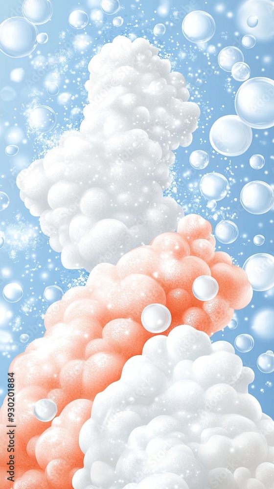 Poster dynamic swirls of paint blend colors and bubbles, forming patterns reminiscent of waves and landscap