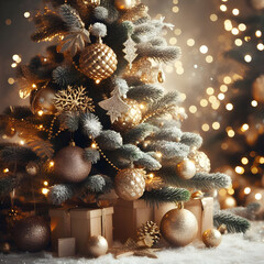 Christmas Tree Decorated with Golden Balls and Fabulous Fairy Background