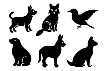 Adorable Pet Animal Silhouettes Vector Illustration | Cute Dog, Cat, Bird, Rabbit, Hamster, Fish Silhouettes