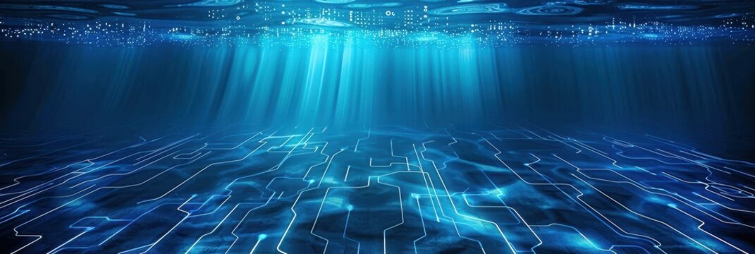 Mystical underwater realm illuminated by shimmering light beams and digital circuitry patterns