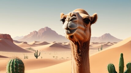 A camel standing in a vast desert landscape, surrounded by various cactus plants.