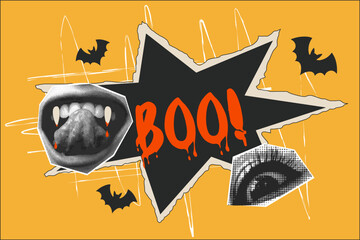 Retro collage poster, banner halftone Boo . vampire teeth and eye, Vector