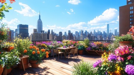 Fototapeta premium A vibrant rooftop garden with flowers and a view of a city skyline.