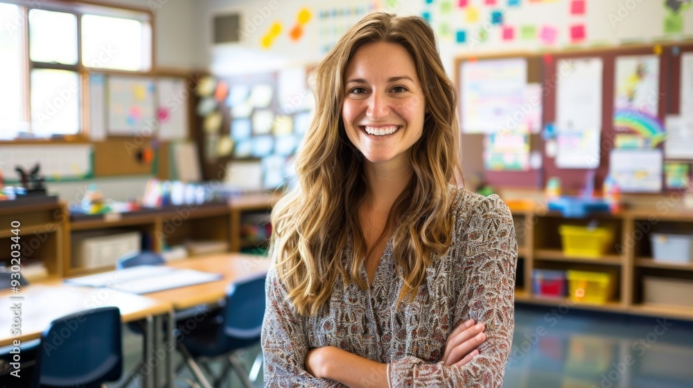 Poster A smiling teacher poses in a colorful classroom filled with learning materials and an inviting atmosphere