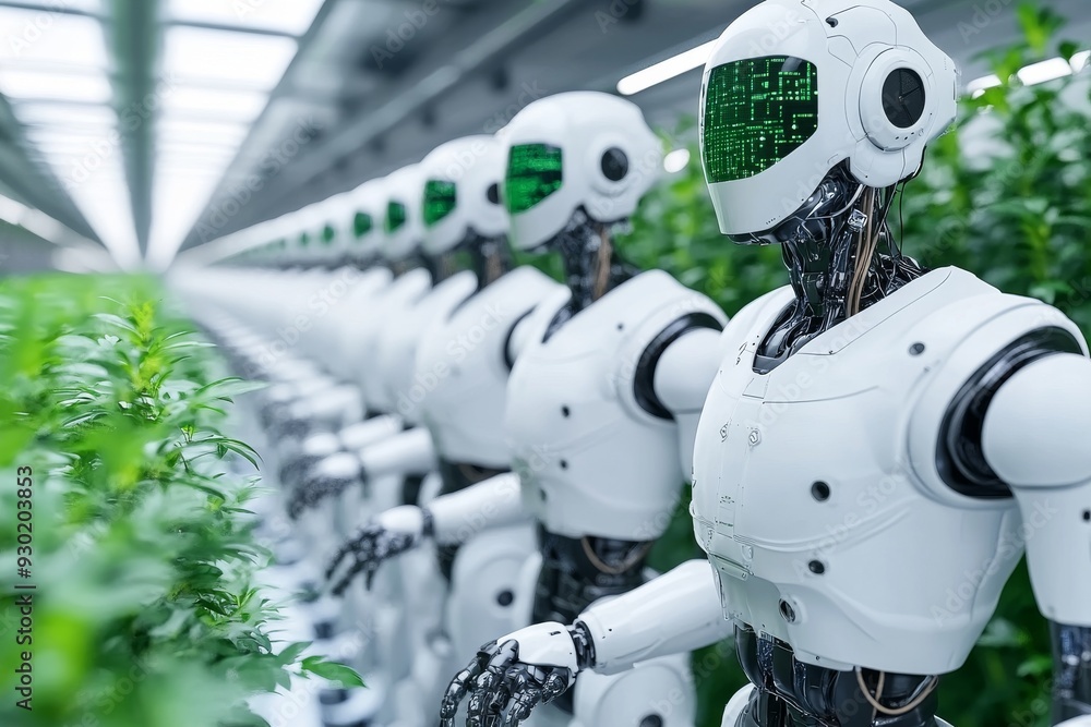 Aufkleber humanoid robots working in a high tech greenhouse representing the future of agriculture through ai 