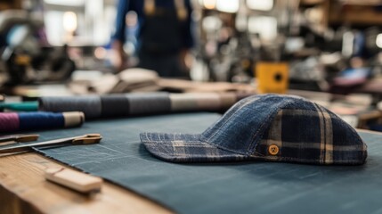 A plaid cap rests on a workbench surrounded by tools and fabric, while workers are busy in the background, highlighting a vibrant workshop atmosphere.