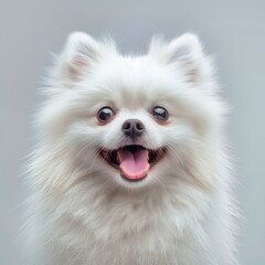 Obraz premium A fluffy white dog with a cheerful expression poses against a minimalist backdrop, showcasing its lighthearted personality and bright blue eye