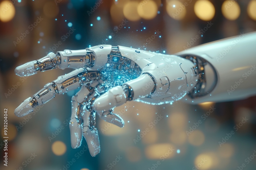 Poster futuristic robotic hand emitting digital particles representing the advancement of ai technology in 