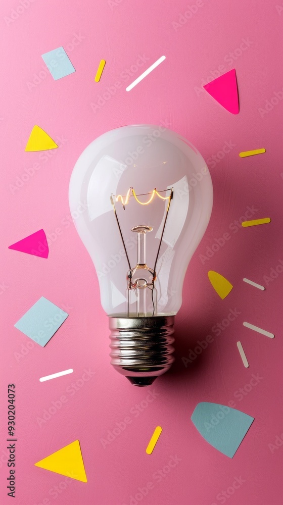 Poster a glowing white light bulb is placed against a pink backdrop, accented by colorful geometric shapes 