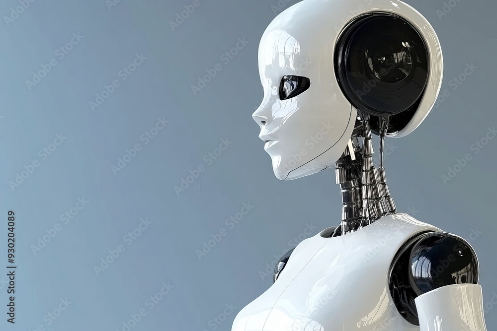 Poster sleek humanoid robot with a serene expression reflecting the sophisticated design and advanced techn