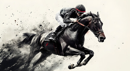 "A Racehorse with a Jockey in Motion Against a Windy Background, Featuring a Black and White Color Scheme, Capturing the Excitement and Speed of Horse Racing"
