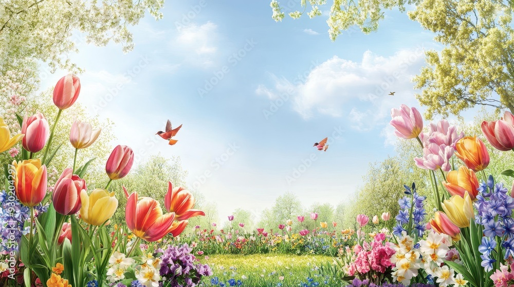 Wall mural A vibrant spring landscape filled with colorful flowers and a bright blue sky.