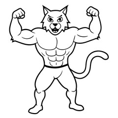A ferocious cat athlete posing line art vector illustration