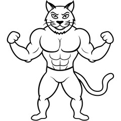 A ferocious cat athlete posing line art vector illustration