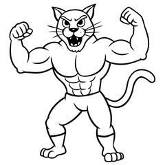 A ferocious cat athlete posing line art vector illustration