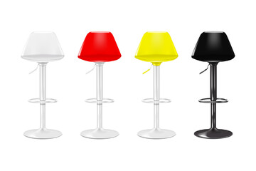 Bar stool with back isolated on white background. White, black, red, yellow color. Easy editable. Realistic 3d vector mockup. Swivel high bar chair. Mock-up set